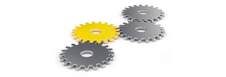 Four gears intermeshing. 3 gears are gray black, a gearwheel is yellow. With a link to the home page.